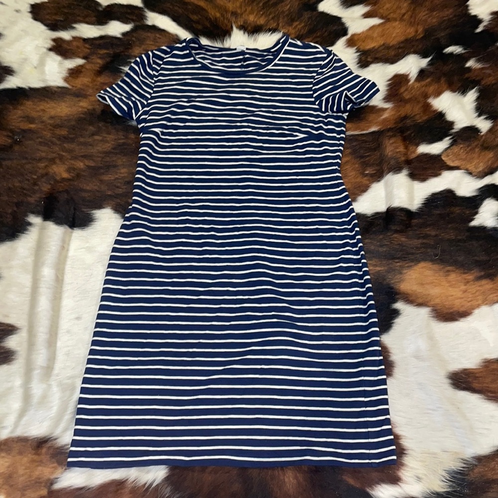 medium navy blue and white striped dress